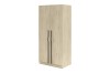 Oak wardrobe with modern, long metal handles in black.