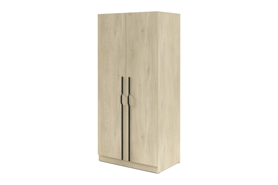 Moderner Kleiderschrank in Eiche-Optik mit langen schwarzen Metallgriffen.