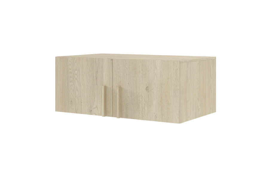Wall cupboard in light oak with two doors and wooden handles.