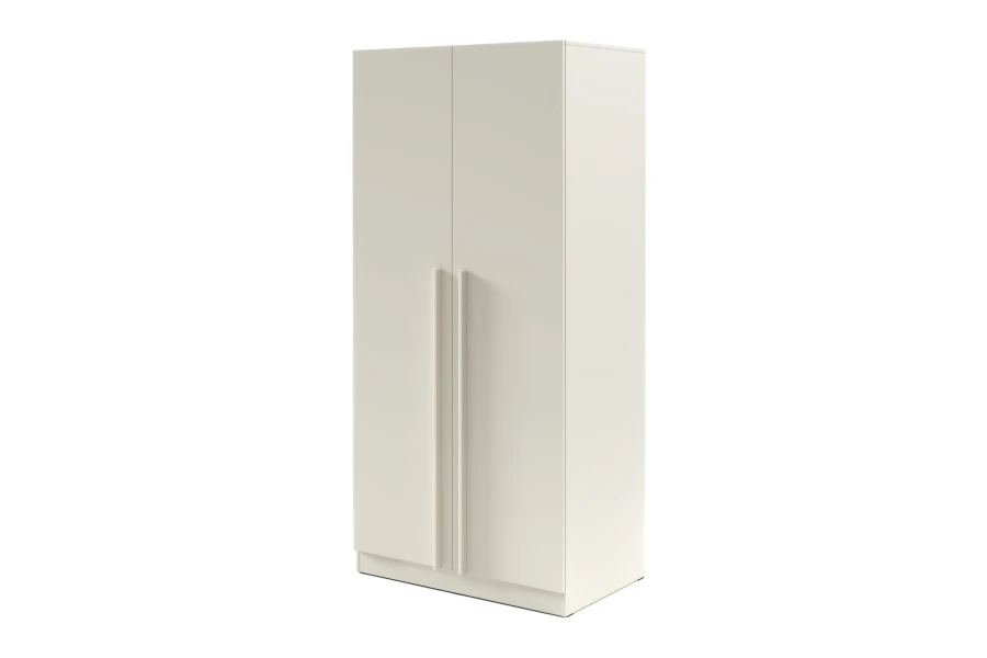 Beiger 2-türiger Kleiderschrank mit modernen langen Griffen auf weißem Hintergrund.