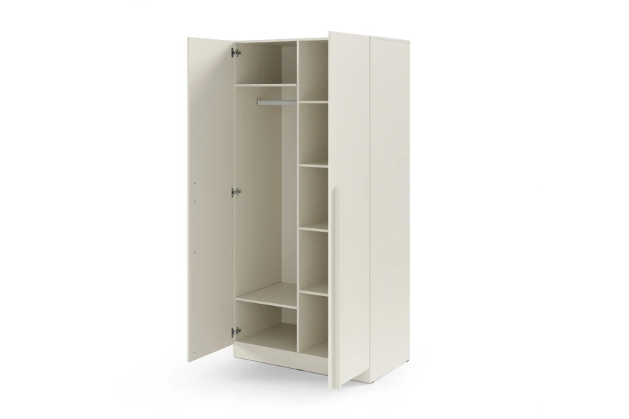 Interior view of the beige-coloured wardrobe with clothes rail and several storage compartments.