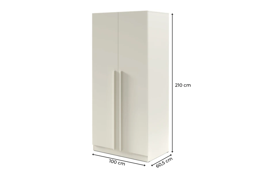 Maßangaben für beigen Kleiderschrank: 210cm Höhe, 100cm Breite und 60,5cm Tiefe.