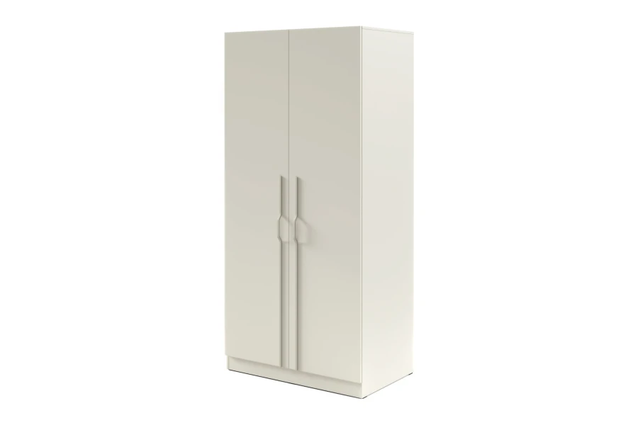 Smalle kledingkast in beige met decoratieve lange deurgrepen voor de slaapkamer.