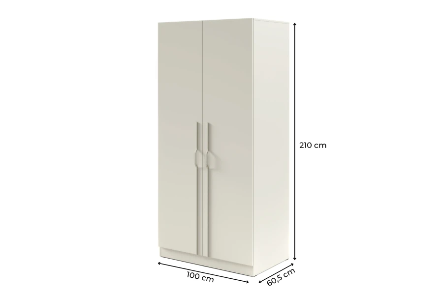 Abmessungen des beige-farbenen Schranks mit 210 cm Höhe, 100 cm Breite und 60,5 cm Tiefe.