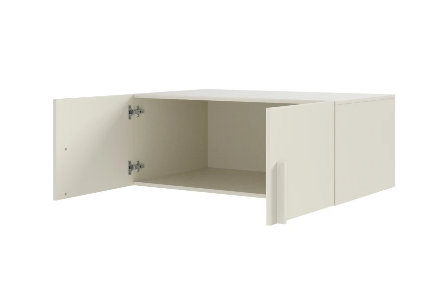 Open beige wall unit with two doors and visible hinges.