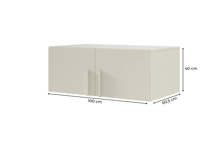 Beige wandkast met maataanduidingen: 100 cm breedte, 40 cm hoogte en 60,5 cm diepte.