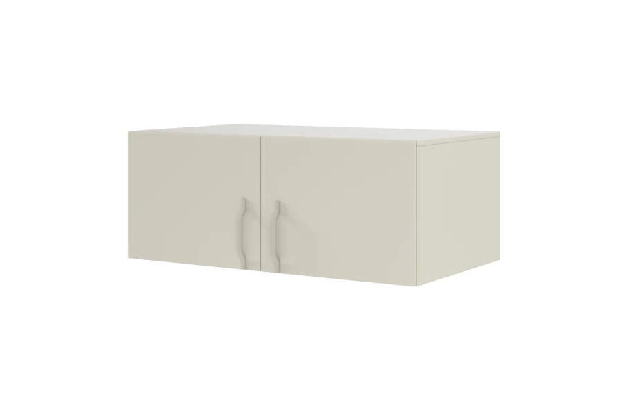 Beiger Hängeschrank mit zwei Türen und elegant geschwungenen Griffen.