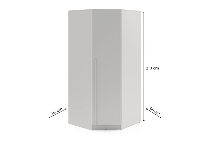 Maßangaben für Eckkleiderschrank: Höhe 210 cm, Schenkelmaß 95 cm x 95 cm, technische Details.