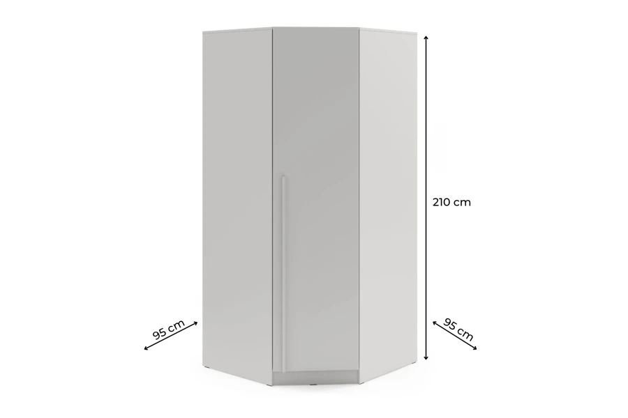 Maßangaben für Eckkleiderschrank: Höhe 210 cm, Schenkelmaß 95 cm x 95 cm, technische Details.