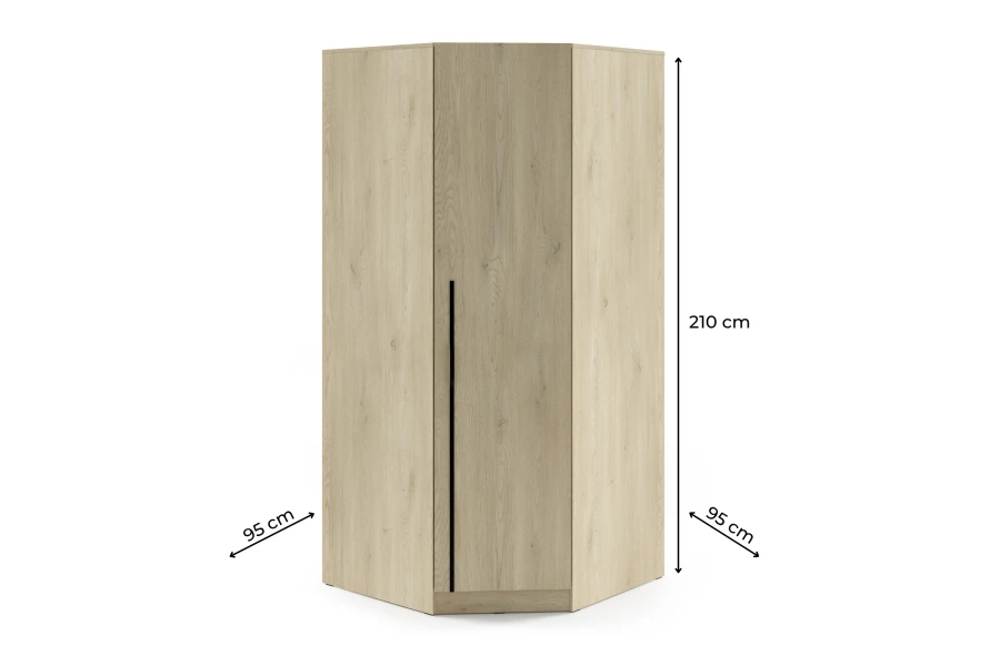 Maße Eckkleiderschrank mit schwarzem Griff: Höhe 210 cm, Schenkelmaß 95 cm