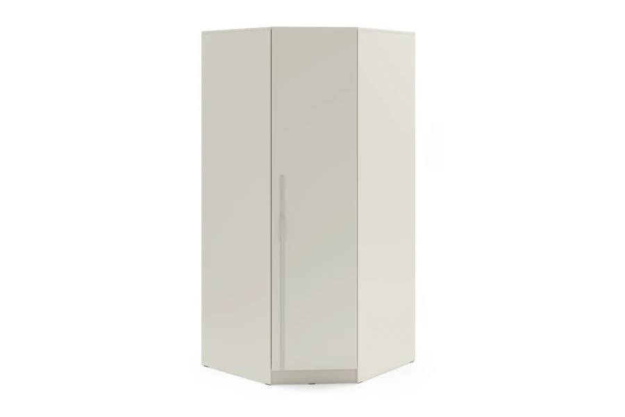 Moderner Eckkleiderschrank in Beige, geschlossene Frontansicht mit langem Griffstab.