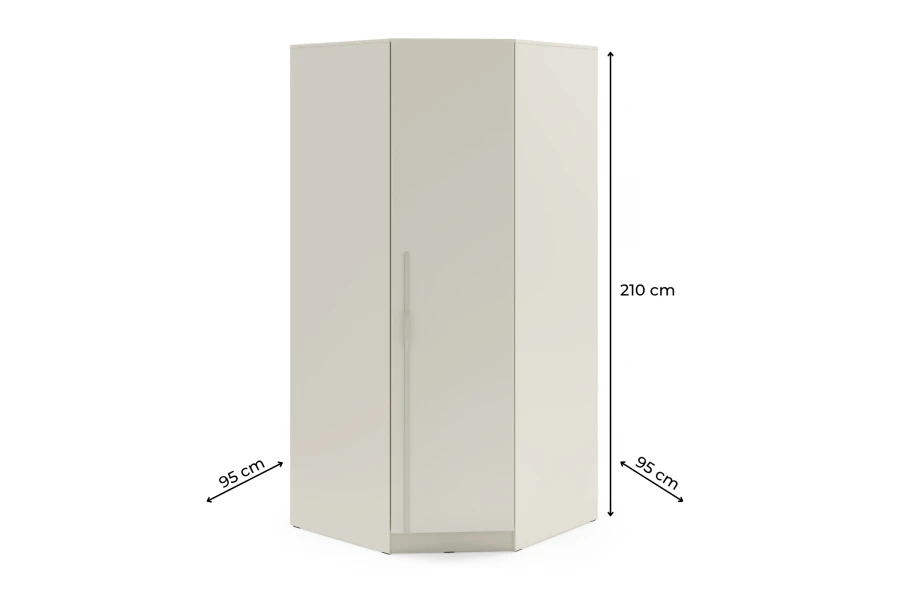 Grafische Darstellung der Abmessungen: Eckkleiderschrank 210x95x95 cm in Beige.
