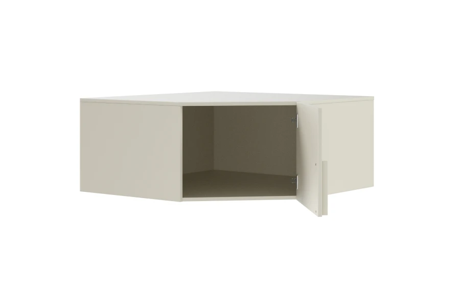 Moderner Eck-Wandschrank in Kaschmir Beige mit geöffneter Tür und geräumigem Innenfach.