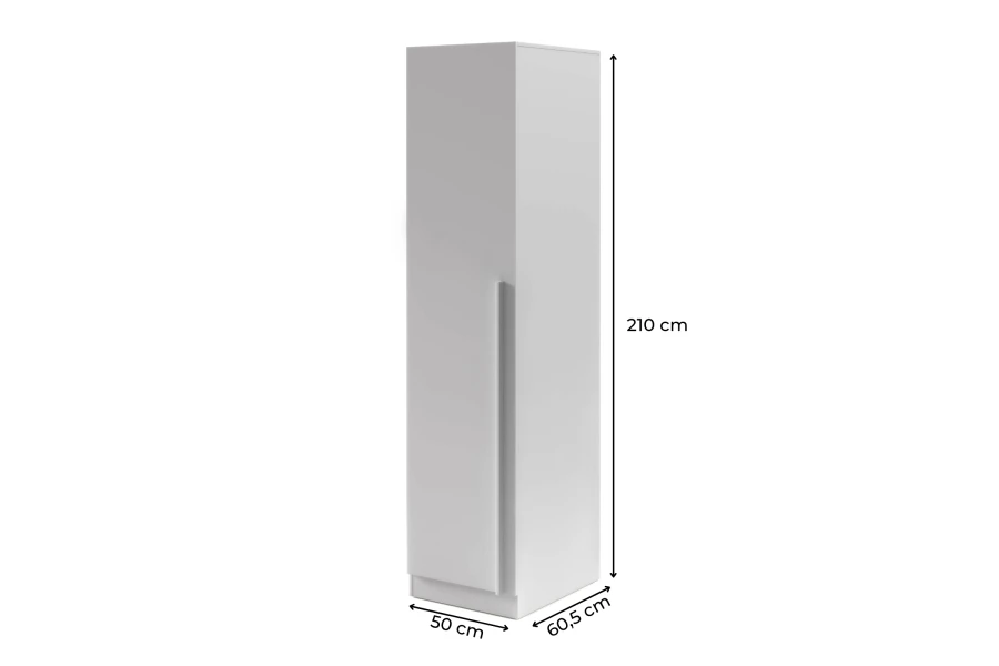 Maßangaben für den schmalen Brisso Kleiderschrank: 210 cm Höhe, 50 cm Breite, 60,5 cm Tiefe.