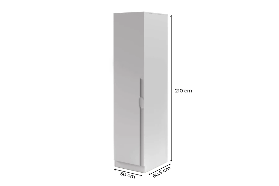 Maße Hochschrank Weiß: 210x50x60,5 cm, detaillierte Abmessungen.