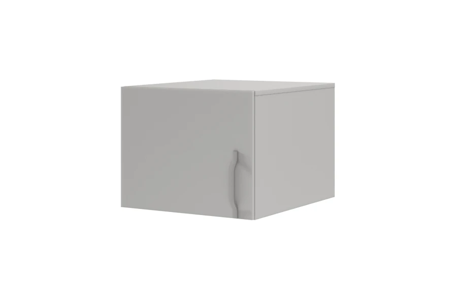 Modern wall-mounted cabinet in platinum grey with curved handle for wall mounting.