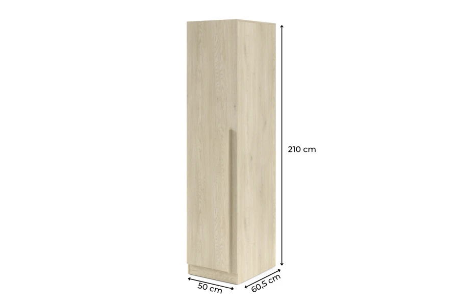 Maßzeichnung für schmalen Kleiderschrank: 210 cm Höhe, 50 cm Breite und 60,5 cm Tiefe.