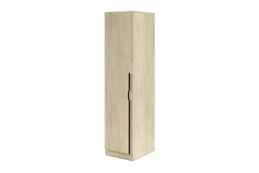 Schmaler Einzelschrank aus hellem Holz mit langem, kontrastierendem schwarzen Griff.
