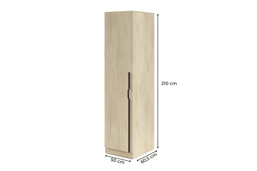 Hoher Kleiderschrank in Eiche-Optik mit schwarzem Griff, Maße 210 x 50 x 60,5 cm.