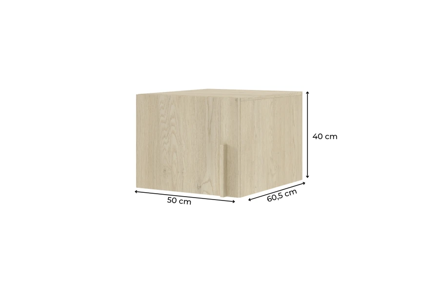 Wandschrank in Eiche-Optik mit Maßangaben: 40 cm Höhe, 50 cm Breite, 60,5 cm Tiefe.