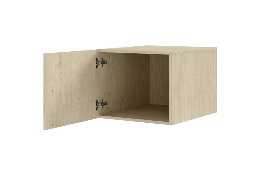 Kleiner Hängeschrank in Eiche-Optik mit geöffneter Tür und sichtbaren Scharnieren.