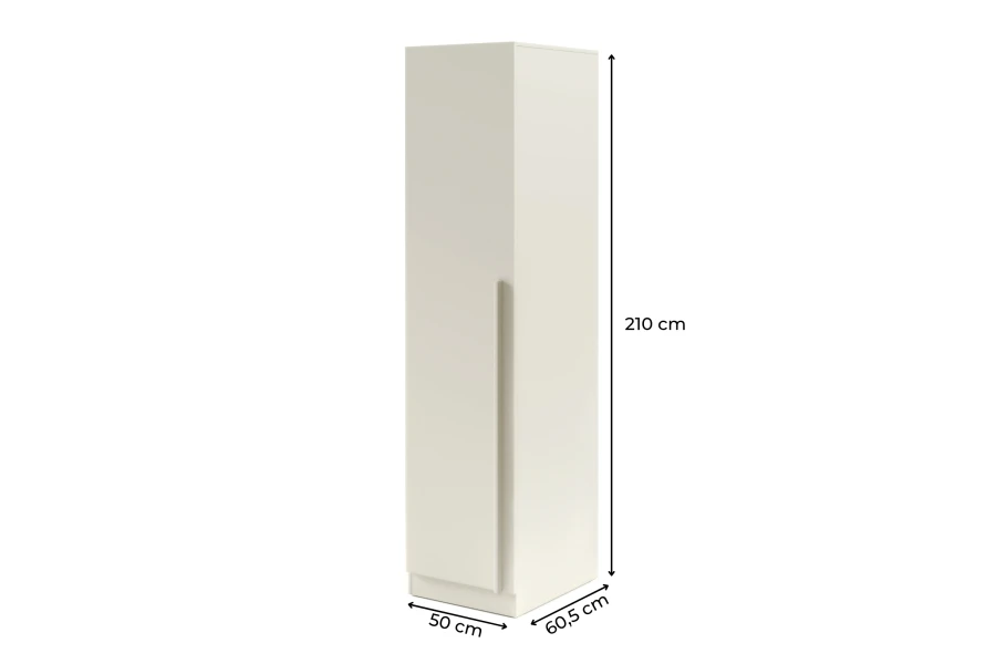 Schmaler Kleiderschrank in Beige, Maße 210x50x60,5 cm, moderner eintüriger Schrank mit langem Griff.