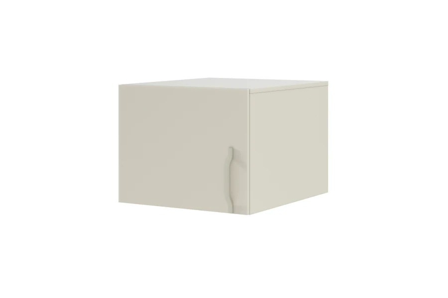 Quadratischer Schrank in Platingrau mit modernem Türgriff – ideal als Wandelement oder Nachtschrank.
