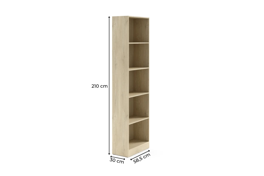 Hohes Bücherregal in Eiche Ceremona, 5 Fächer, Maße 210x58,5x30 cm für Büro oder Wohnen.