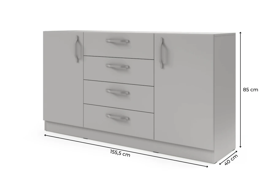 Kommode in Platingrau mit Maßangaben: 155,5 cm Breite, 85 cm Höhe und 40 cm Tiefe.