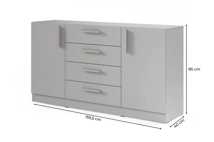 Graue Kommode Maße 155,5x85x40 cm, Sideboard mit 2 Türen und 4 Schubladen.