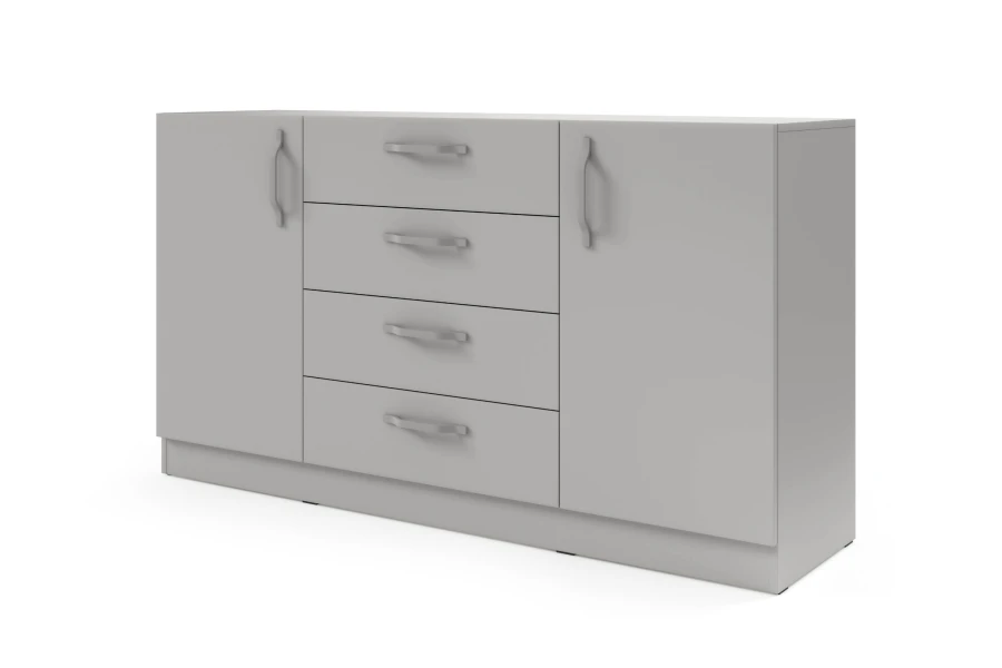 Moderne graue Anrichte mit geschwungenen silbernen Griffen und 4 Schubladen.