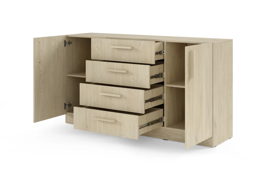 Sideboard aus Eiche mit geöffneten Türen und vier ausgezogenen Schubladen für viel Stauraum.