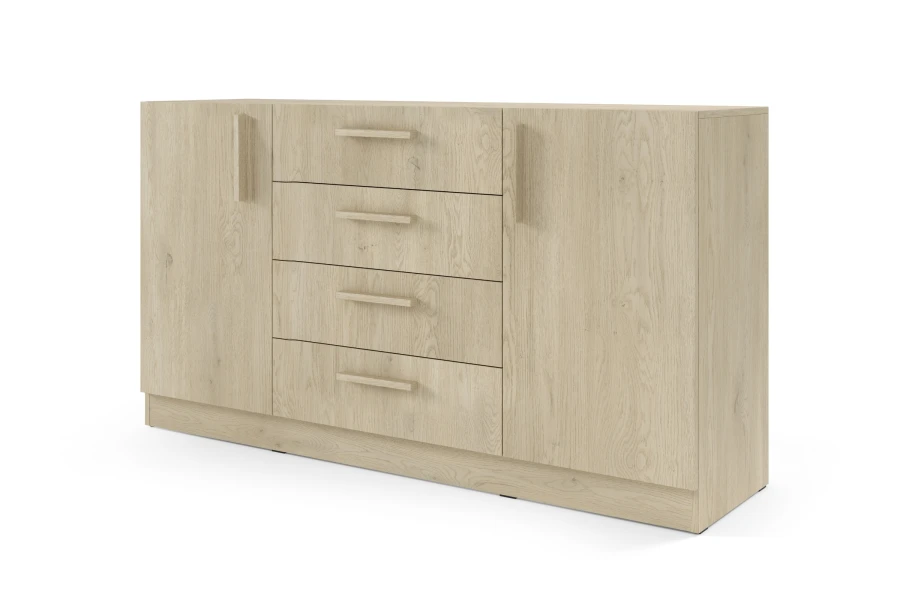 Geschlossenes Sideboard in heller Eichenoptik mit passenden Holzgriffen für ein modernes Design.