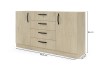 Sideboard in Eiche mit schwarzen Griffen und Maßen: 155,5 cm Breite, 85 cm Höhe und 40 cm Tiefe.