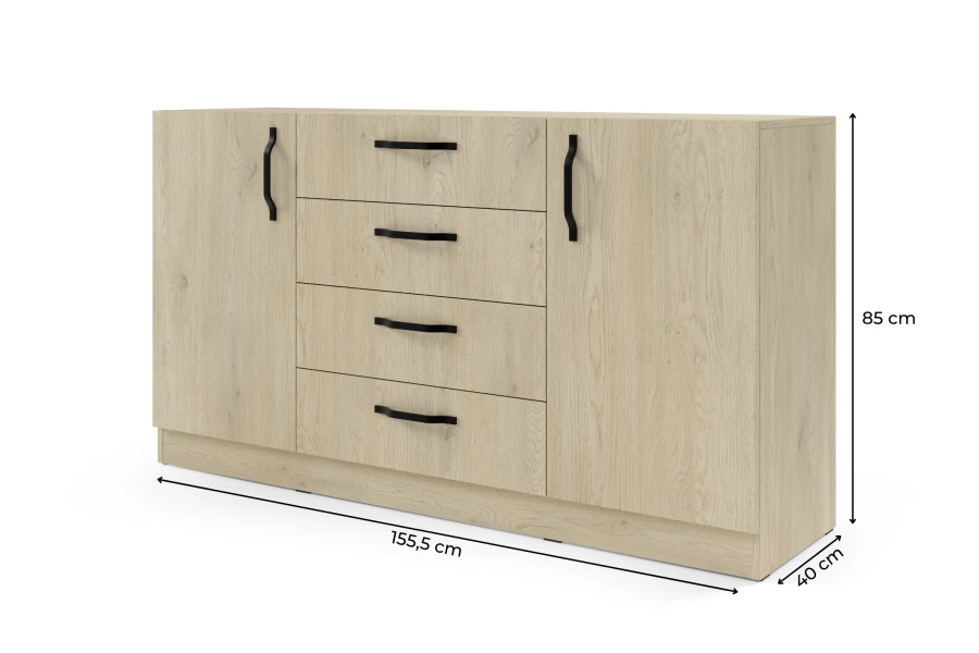 Sideboard in Eiche mit schwarzen Griffen und Maßen: 155,5 cm Breite, 85 cm Höhe und 40 cm Tiefe.