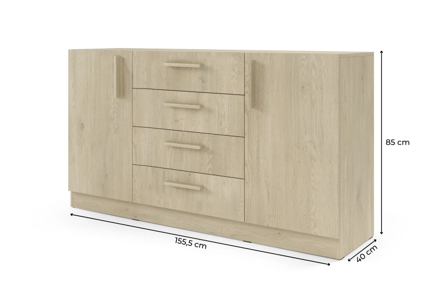 Sideboard Eiche Cremona mit 4 Schubladen und 2 Türen, Abmessungen 155,5 x 85 x 40 cm.