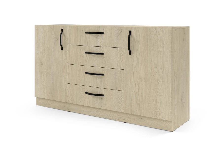 Sideboard Eiche Cremona mit schwarzen Metallgriffen, 4 Schubladen und 2 Türen.
