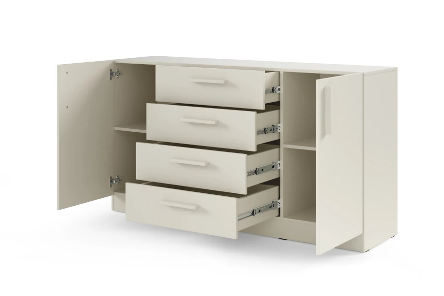 Beiges Sideboard mit geöffneten Türen und Schubladen zeigt großzügigen Stauraum.