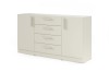 Minimalistisches beiges Sideboard mit zwei Türen und vier Schubladen auf weißem Grund.
