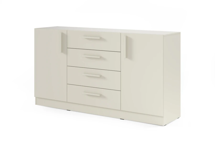 Minimalistisches beiges Sideboard mit zwei Türen und vier Schubladen auf weißem Grund.