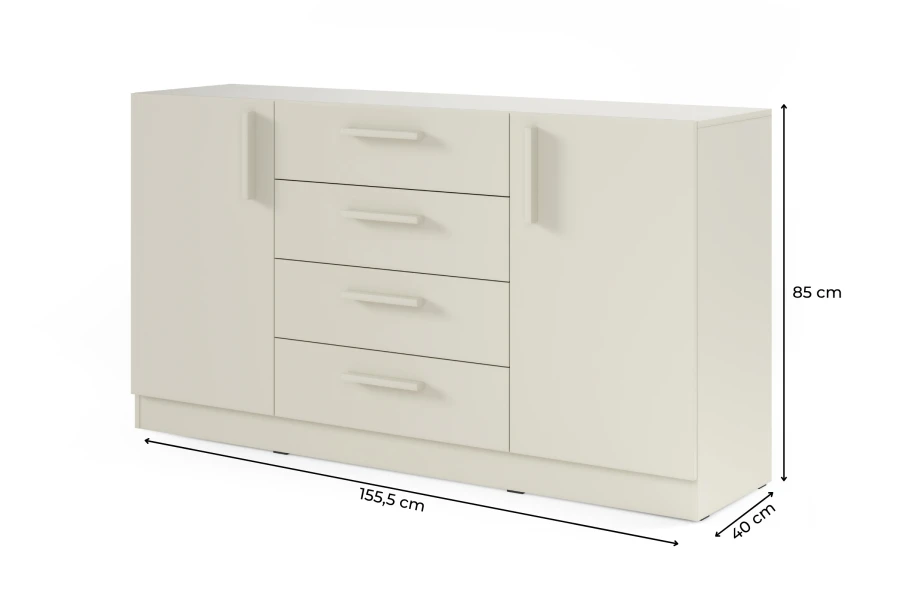 Beige Kommode mit Maßangaben: 155,5 cm Breite, 85 cm Höhe und 40 cm Tiefe.