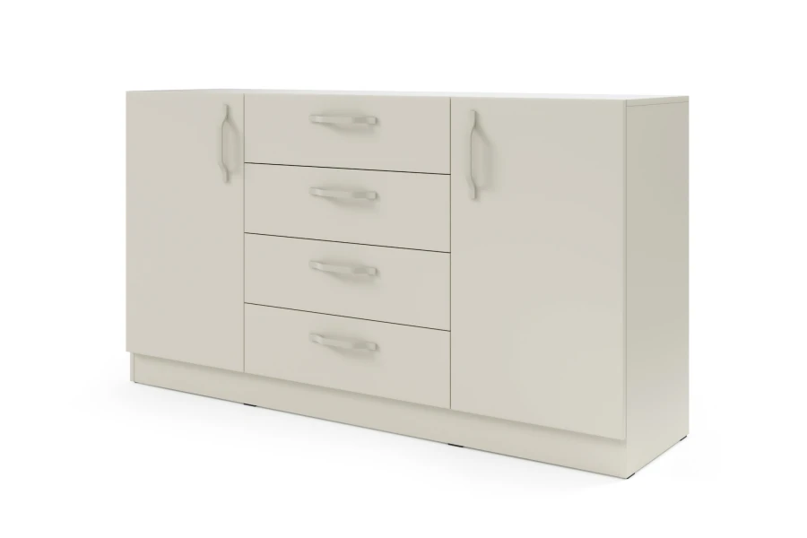 Beiges Sideboard mit vier Schubladen und zwei Türen, ausgestattet mit geschwungenen Griffen.