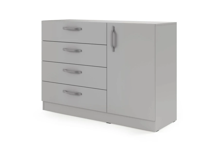 Modernes graues Sideboard mit 4 Schubladen, 1 Tür und eleganten Bogengriffen.