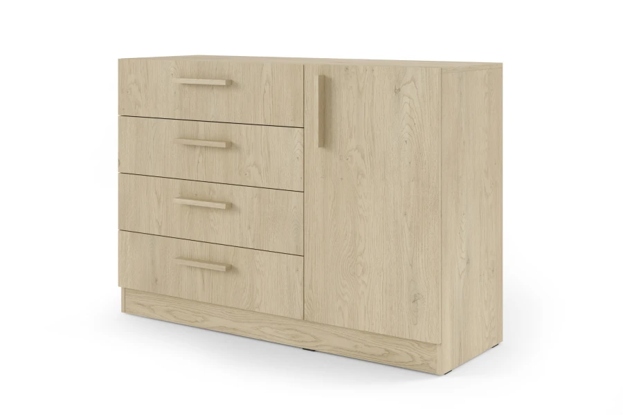 Sideboard BRK2 in Eiche Ceremona mit vier Schubladen, einer Tür und hellen Holzgriffen.