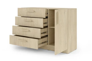 BRISSO BRK2 Kommode 120,5 cm breit mit 4 Schubladen und 1 Tür, Kaschmir, Eiche Cremona, Platingrau, Metallgriffen Deine Möbel