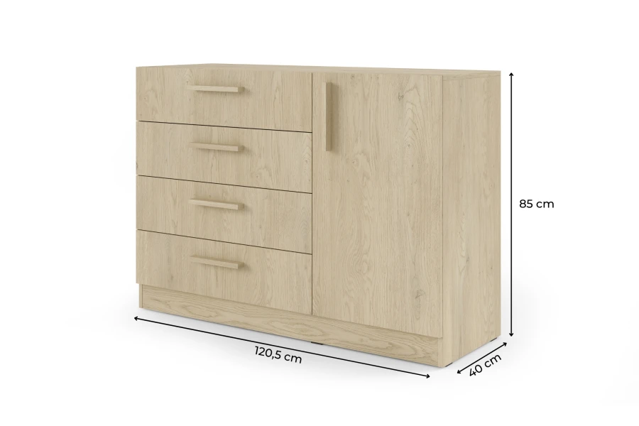 Maße der Kommode in Eiche hell: 120,5 cm Breite, 85 cm Höhe und 40 cm Tiefe