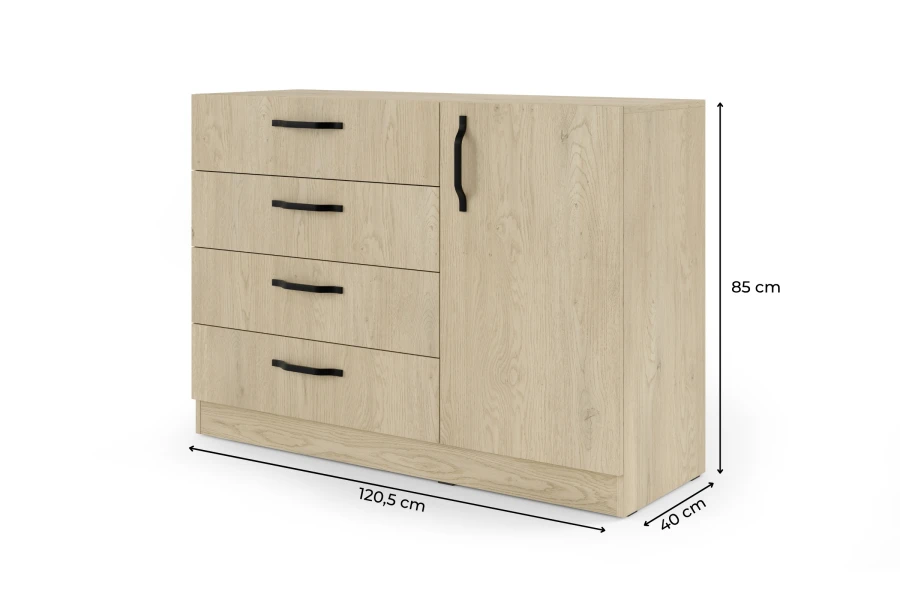 Sideboard in Eiche mit schwarzen Griffen und Maßen: 120,5 x 85 x 40 cm