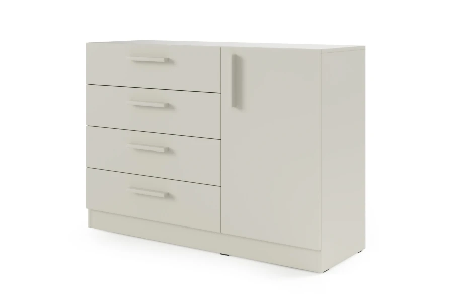 Moderne Kommode in Beige mit vier Schubladen, einer Tür und geraden Griffen, minimalistisches Design.