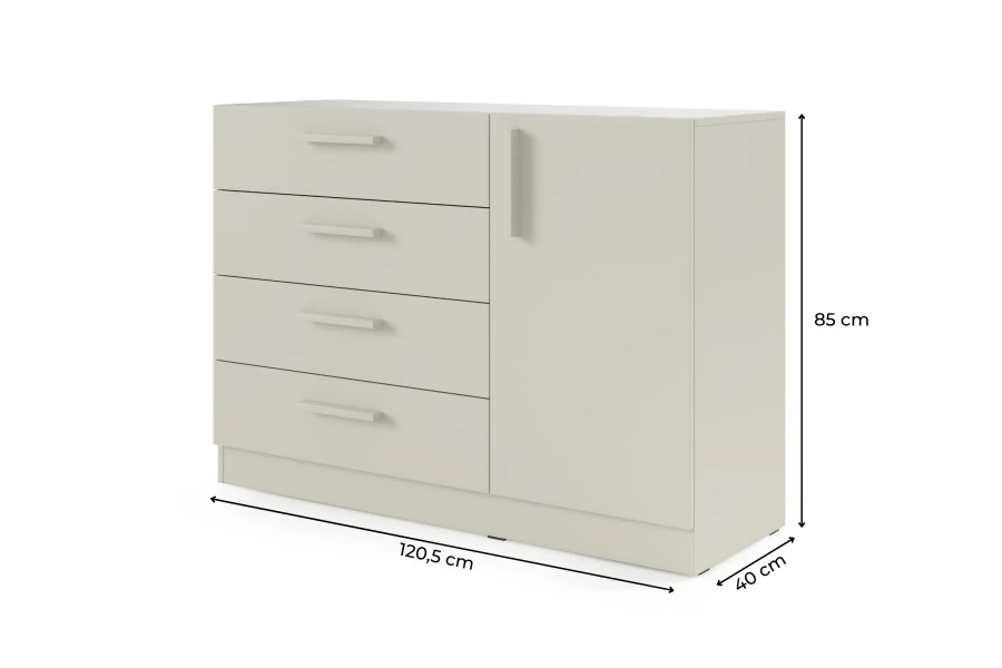 Maße der beigen Kommode: Breite 120,5 cm, Höhe 85 cm, Tiefe 40 cm. Übersichtliche Größenangaben.