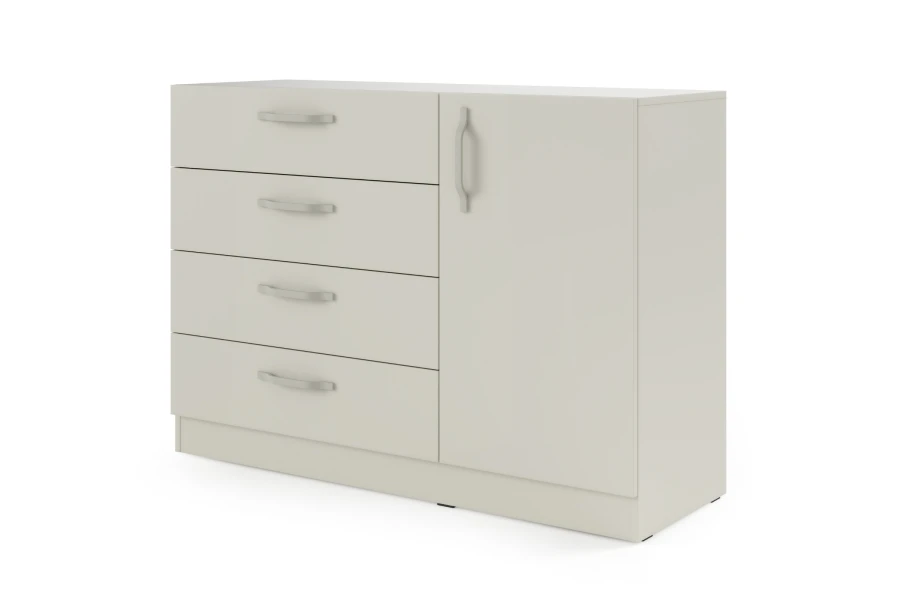 Beige Kommode mit geschwungenen Griffen, vier Schubladen und einer Tür für ein modernes Zuhause.